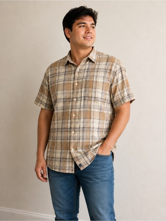 Izod Other - IZOD Jeans Men’s Plaid Short Sleeve Linen Cotton Shirt Size L Beige Tan